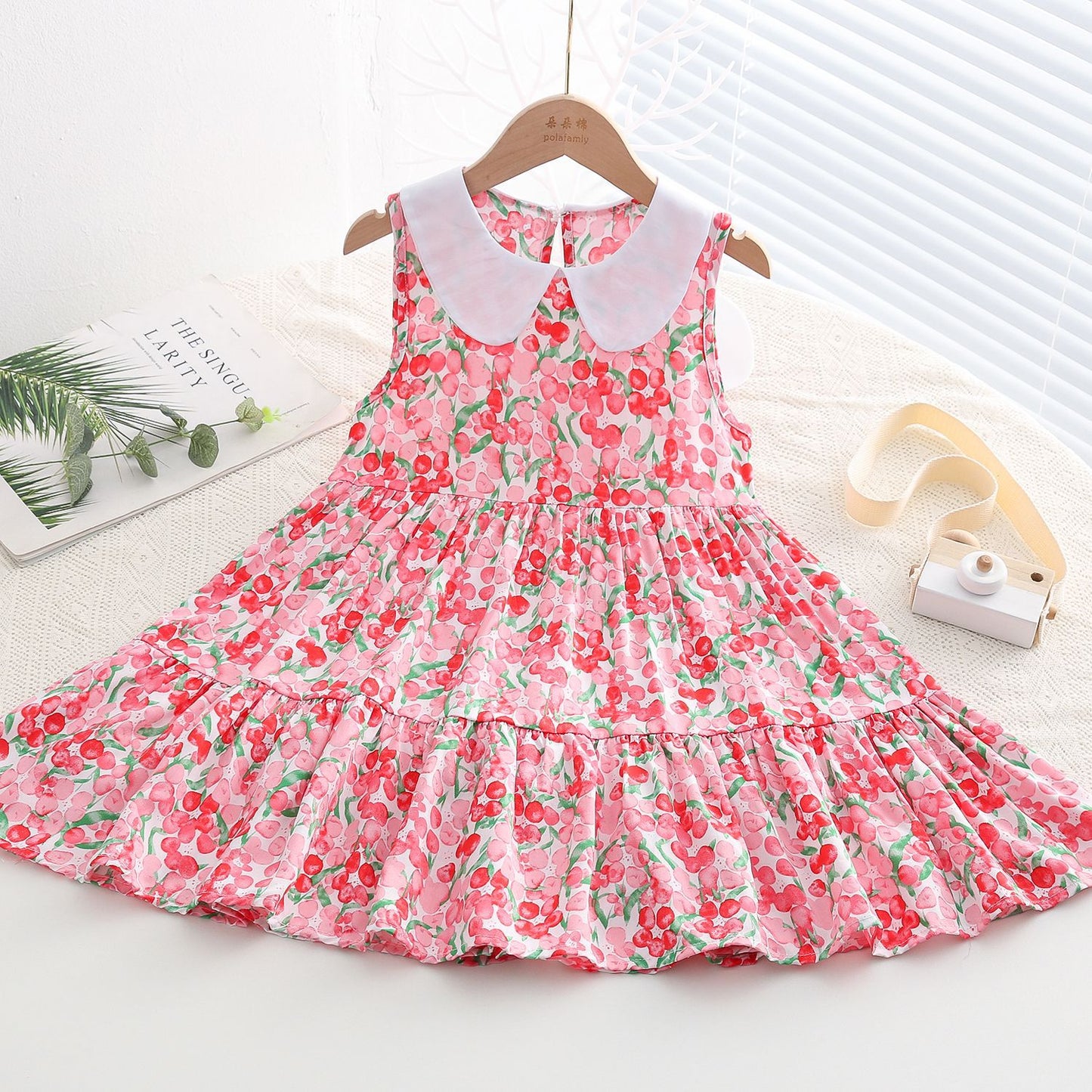 Girls Floral Cotton Silk Dress Summer New Children's Rayon Skirt Medium and Big Boy Doll Collar Princess Dress