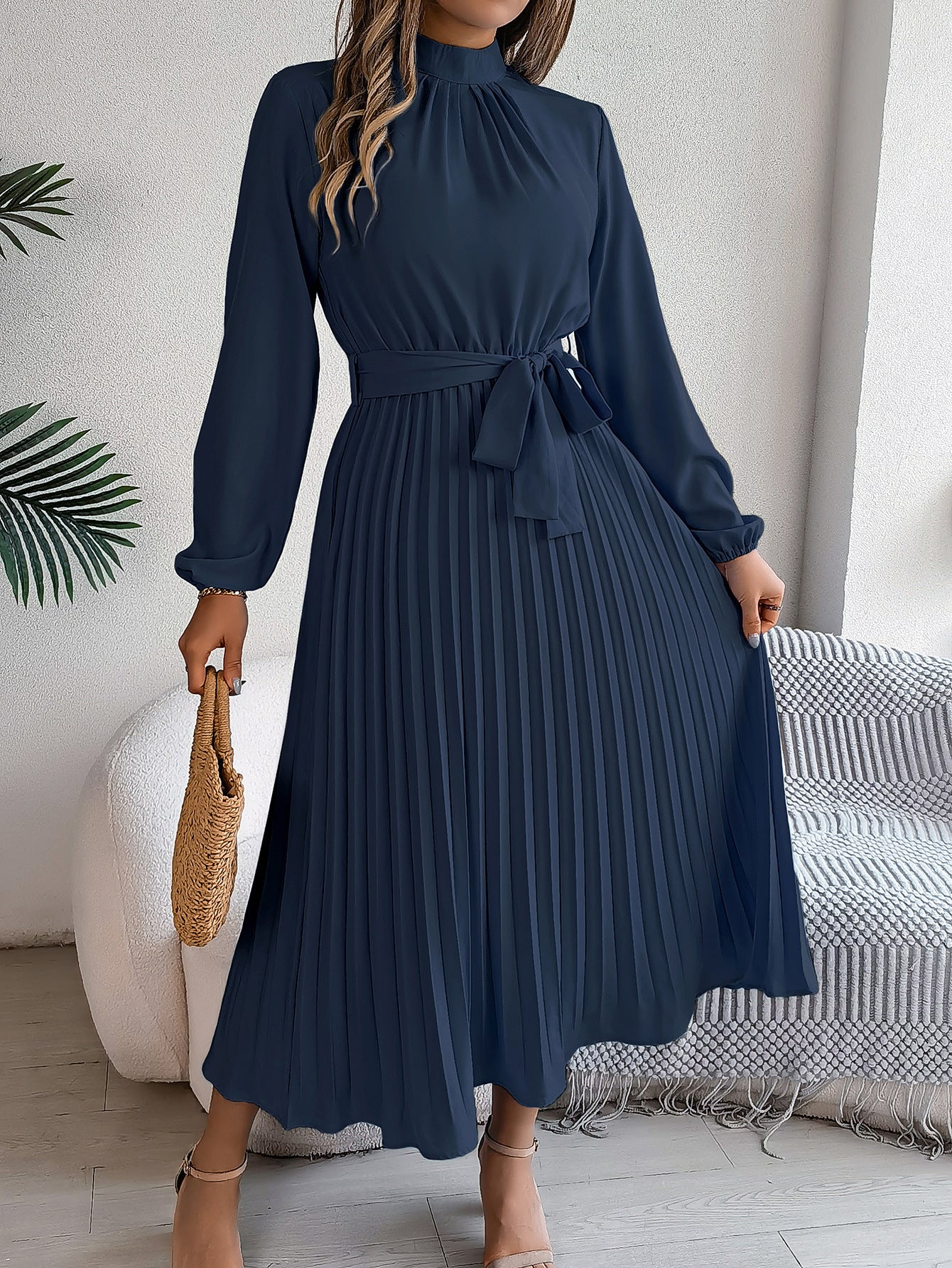 2024 Europe and the United States Fall/Winter Elegant Stand-up Collar Long Sleeve Cinched Waist Pleated Long Skirt Small Dress Amazon Cross-border Women's Wear
