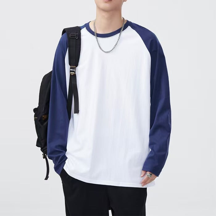 Heavy raglan cotton long sleeve t-shirt men's American contrasting stitching base layer shirt loose crew neck unisex long-sleeved T