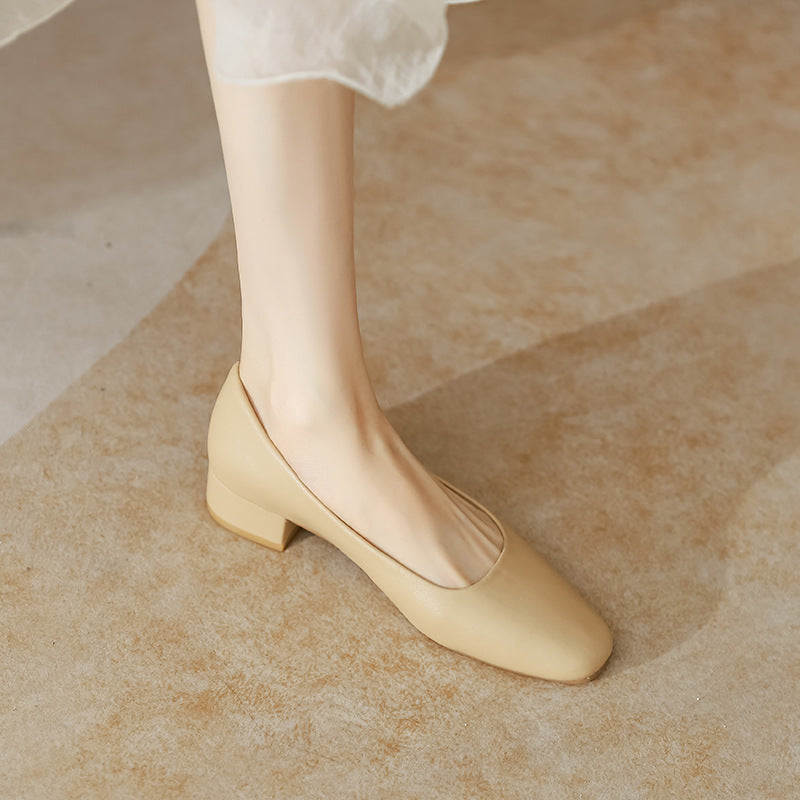 Leather pumps, women's block heels, spring and autumn new versatile square toe medium heel granny shoes, commuter work shoes