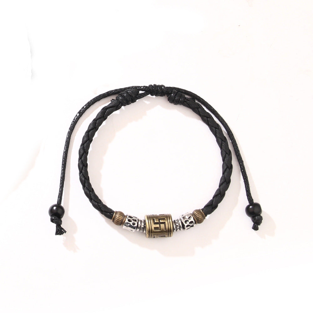 Swastika totem Tibetan vintage necklace European and American cross-border metal pendant woven wax rope adjustable necklace jewelry men