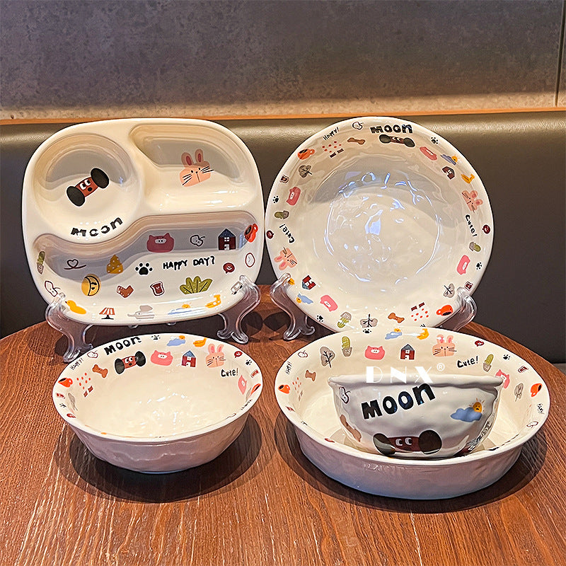 Cute moon dog ceramic tableware high value ins dinner plate, rice bowl, salad bowl, soup plate, household dish plate gift box