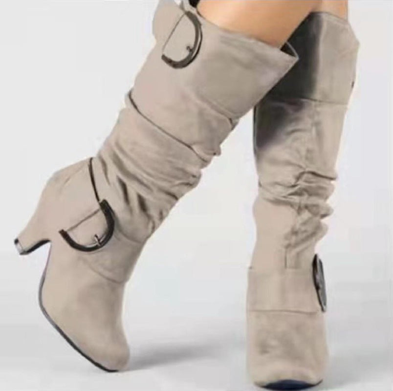 Buckle pleated knee-high boots Fall Winter 2022 suede comfort design heeled boots Plus size women's boots