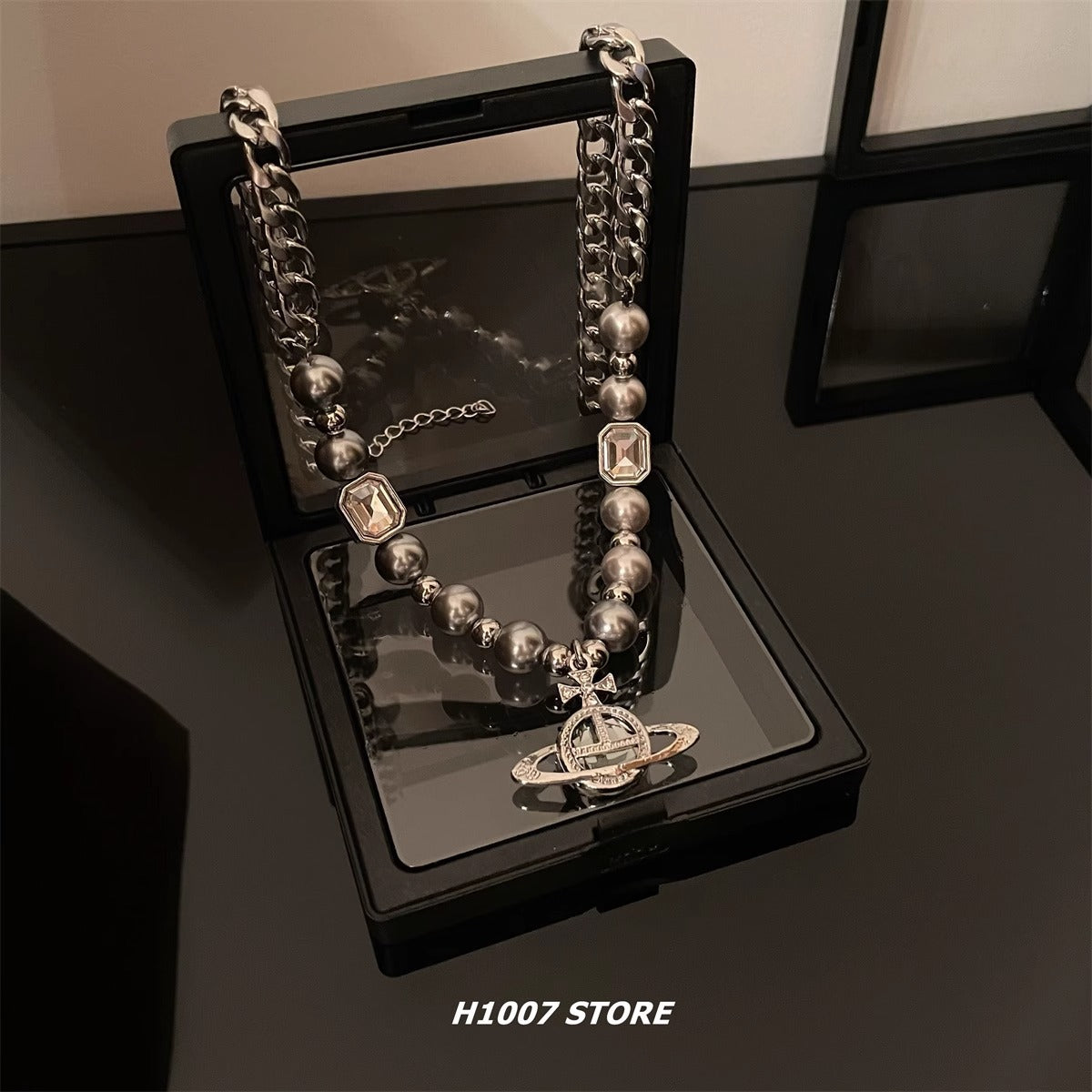 Planet beaded stitching men's necklace girls cold style hip hop niche design high-end couple sweater chain