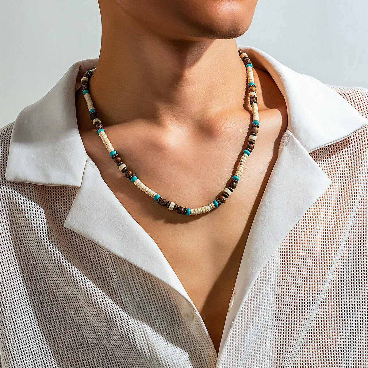 European and American cross-border jewelry men's bohemian wooden bead splicing beaded necklace niche versatile simple necklace men