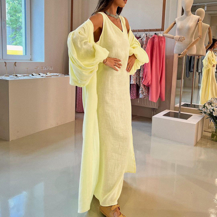 Foreign trade women's clothing 2024 spring and autumn new casual vest dress puff sleeve solid color robe set of two