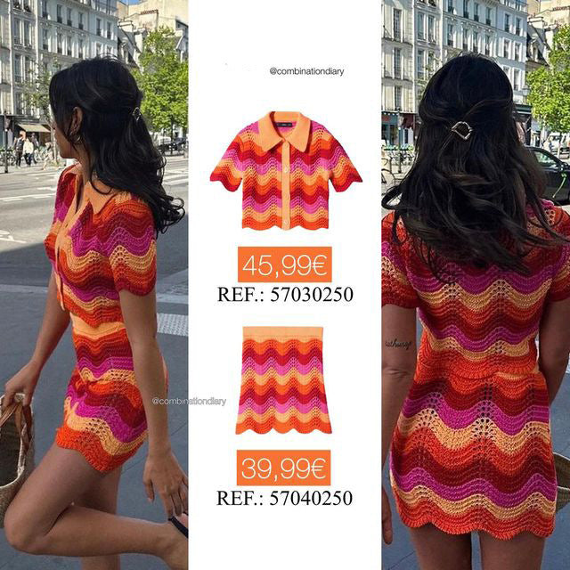 AliExpress summer new lapel polo collar single-breasted sweater mesh skirt knit suit women