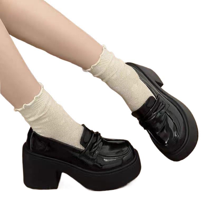 Black British style versatile high heeled platform small leather shoes women's 2024 new summer slip-on increase high loafer single shoes