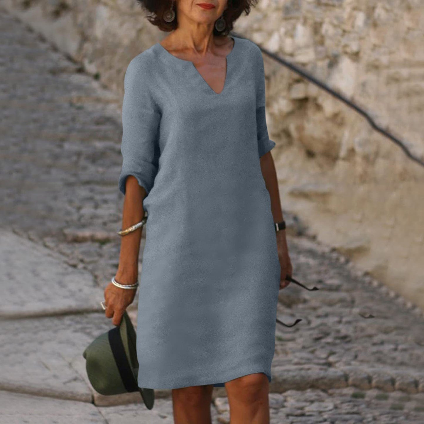 Amazon European and American cotton and linen V-neck stitching retro high-waisted solid color three-quarter sleeve dress cotton and linen wash crinkled fabric