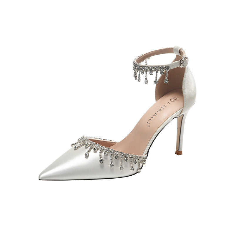White main wedding dress wedding shoes satin strap women's summer fashion tassel chain high heels black temperament hollow sandals