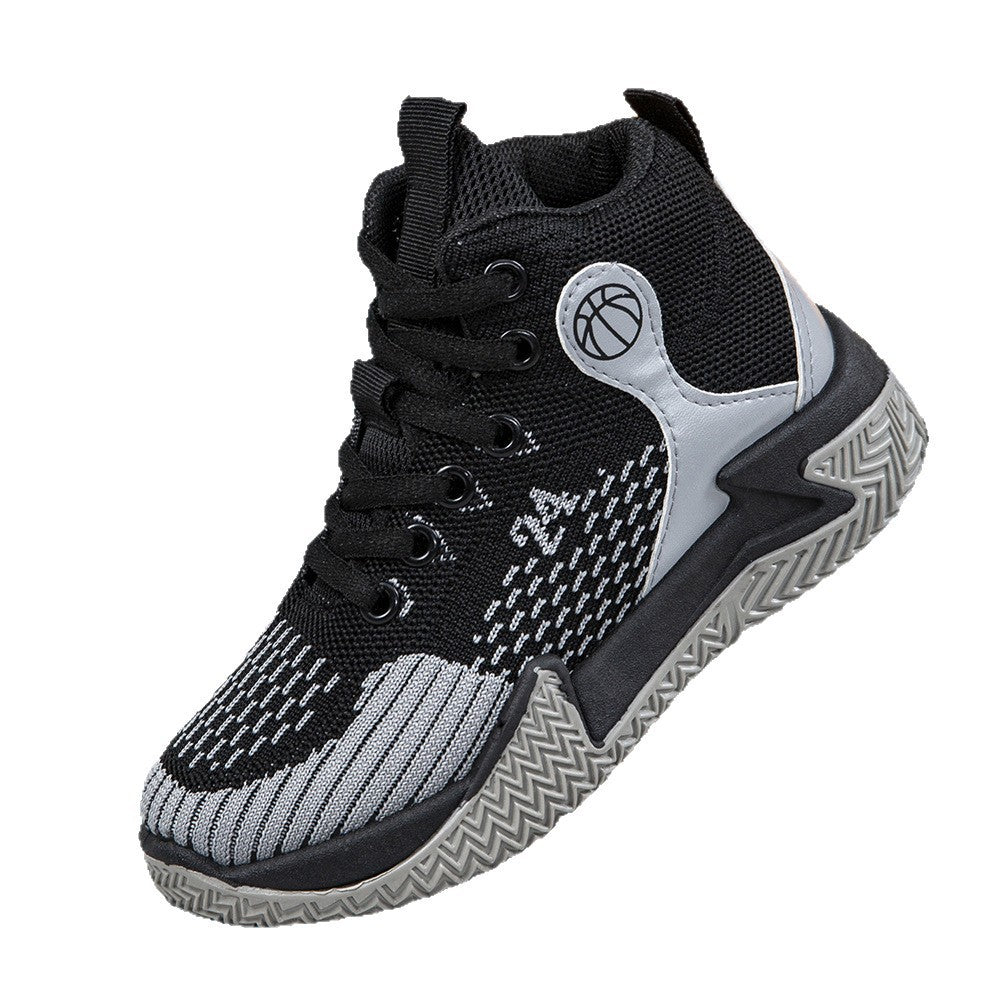 Cross-border children's basketball shoes spring fly-woven mesh breathable lightweight running shoes mid-top platform rebound sports shoes