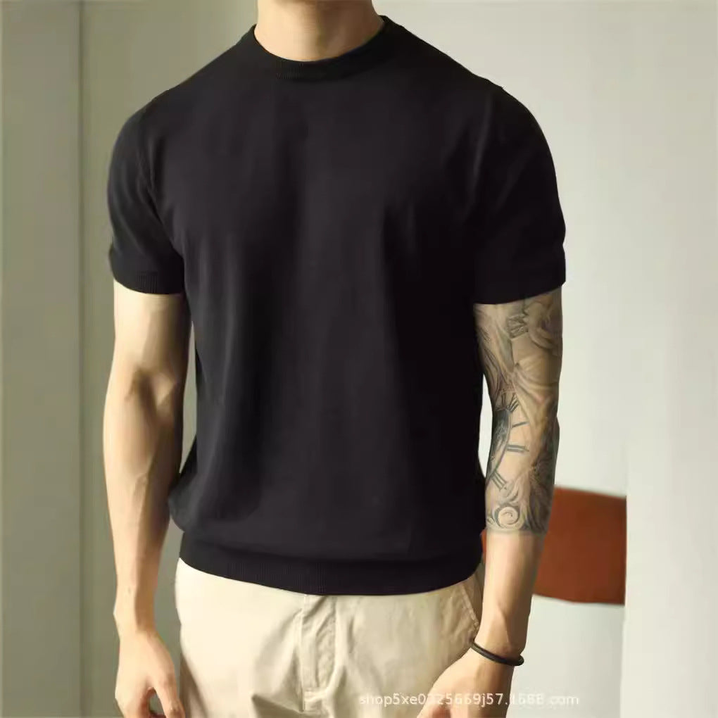 American mercerized cotton ice silk knit sweater, men's small high neck slim short sleeve sweatshirt, cool and breathable, cargo tight-sleeved T-shirt
