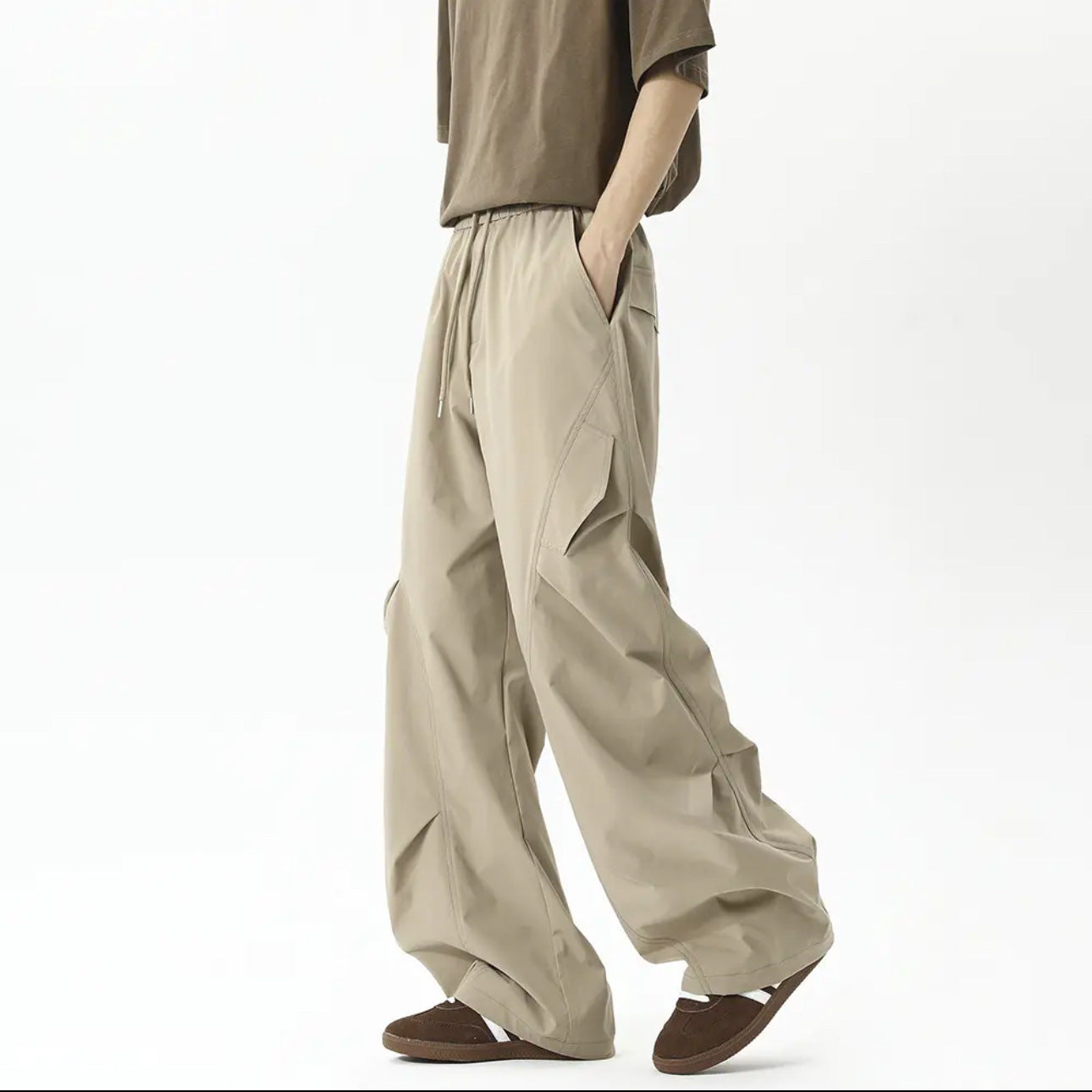 Summer thin casual ice silk cargo pants men's trend design sense is versatile, loose and breathable, American high street trousers