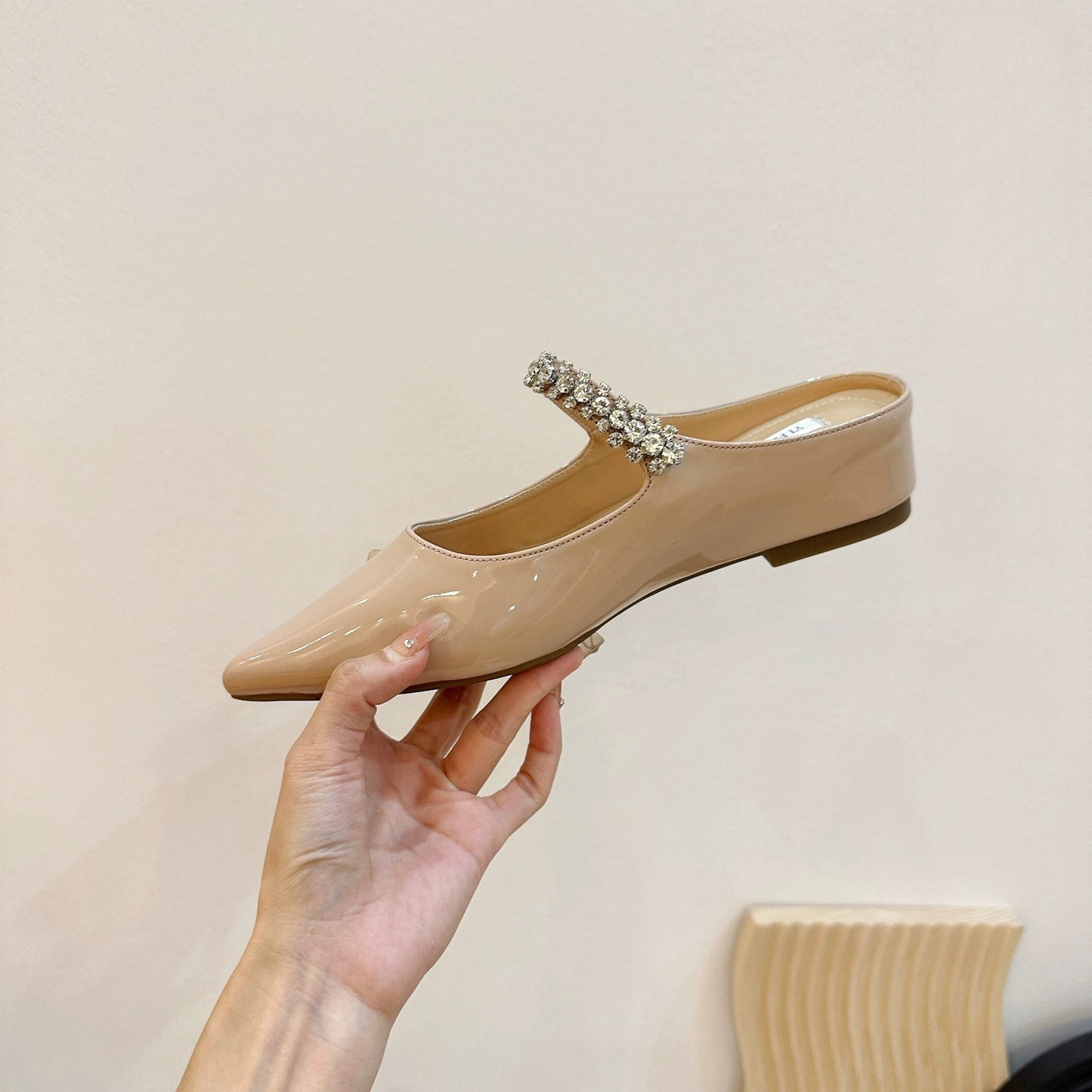 Lambskin ~ 5CM inner height increase half slippers women's summer wear pointed toe rhinestone silver mules toe toe sandals women