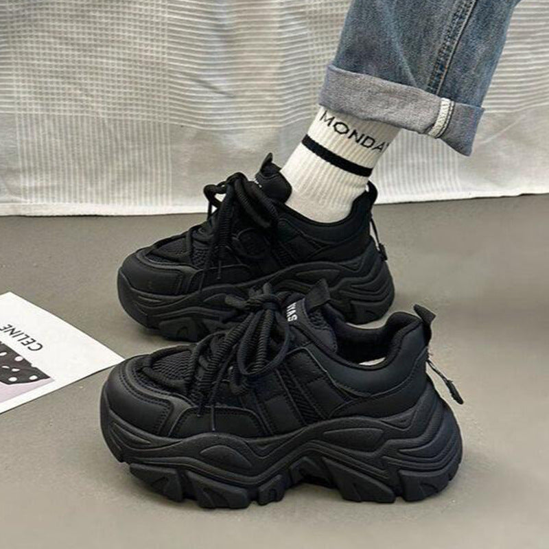 Heightened thick-soled dad shoes women's spring mesh breathable and versatile 2025 new popular Hong Kong style solid color sports women's shoes