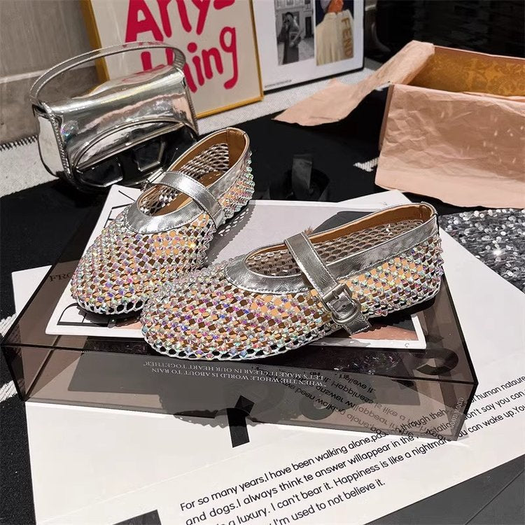 European station rhinestone line Mary Jane cut-out mesh ballet shoes fishnet shoes single shoes loafers boat shoes women's shoes