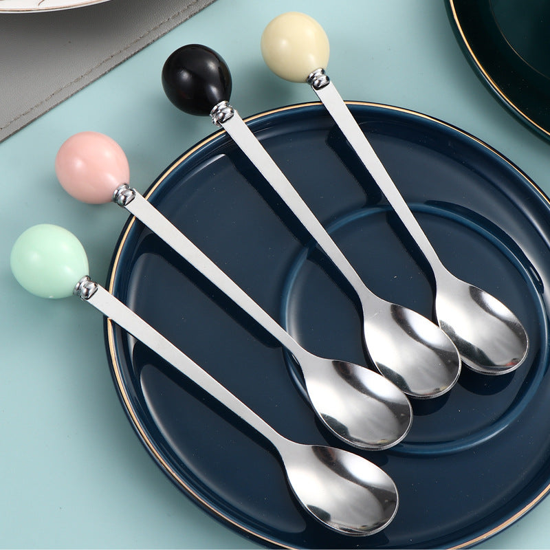 macaron colorful bead handle spoon creative stainless steel fruit fork color glazed stainless steel plastic handle spoon ins