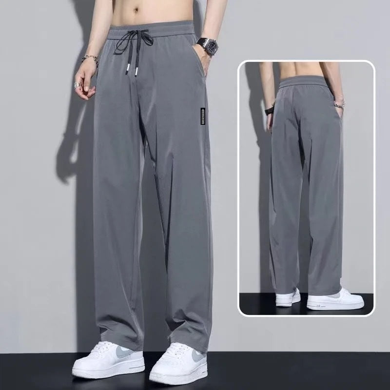 Thin Ice Silk Men's Trousers, Summer Plus Size Stretch Quick Dry Casual Pants, Loose Sport, Breathable Straight Leg Men's Pants