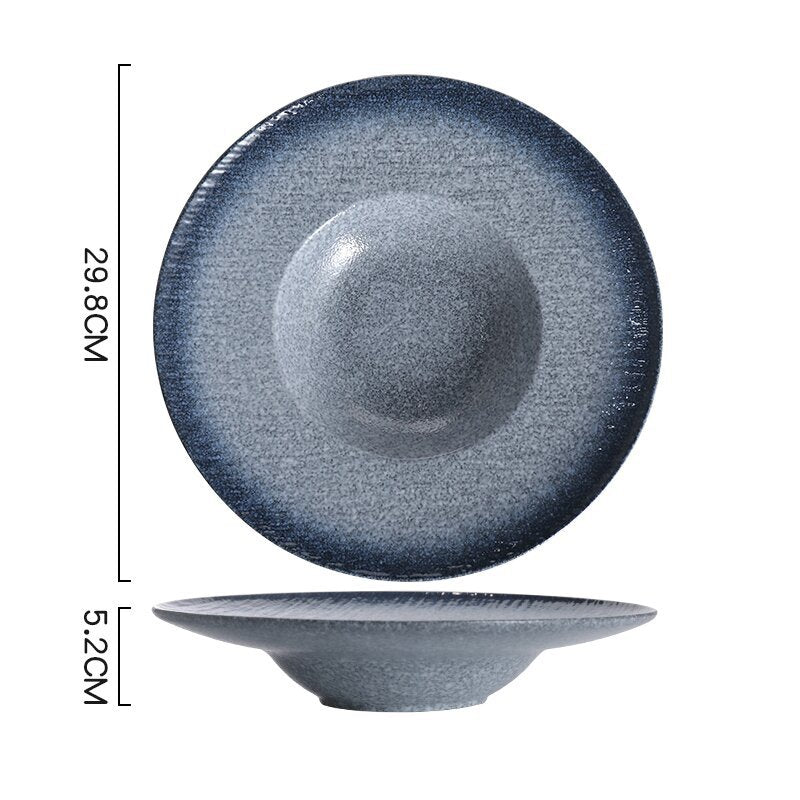 Japanese ceramic flying saucer plate, straw hat plate, round pasta plate, underglaze color soup plate, deepening retro deep dish, retro style