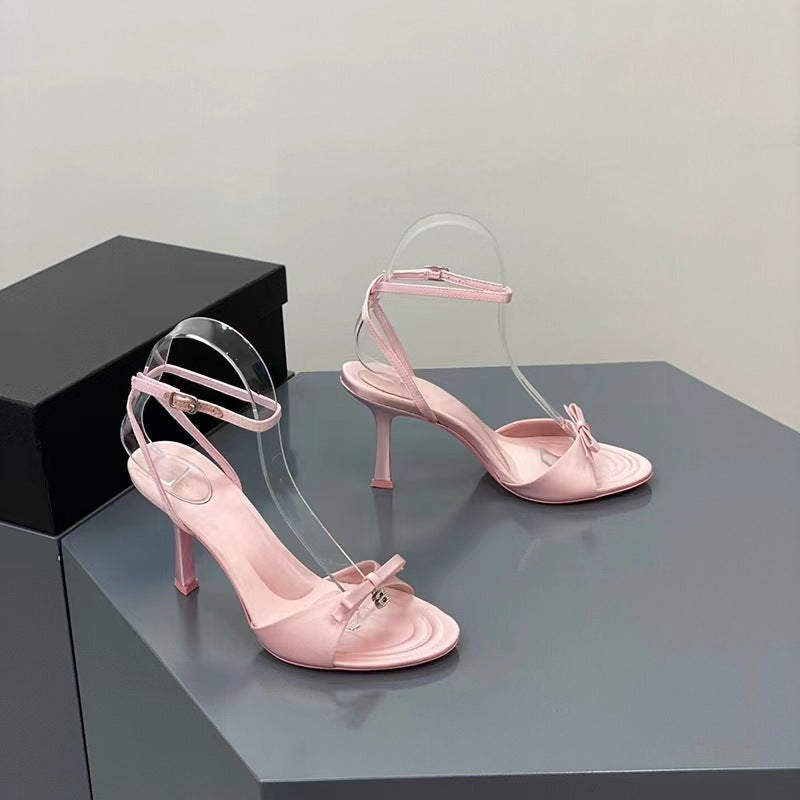 French satin high heels sandals women's summer 2023 new niche high-end sense of one line with thin heel open-toe sandals women