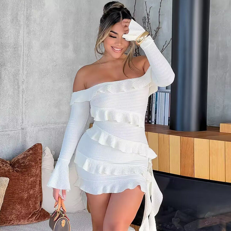 Europe and the United States hot sale 2024 autumn new products fashion straight shoulder ruffle bell sleeve streamer dress foreign trade wholesale