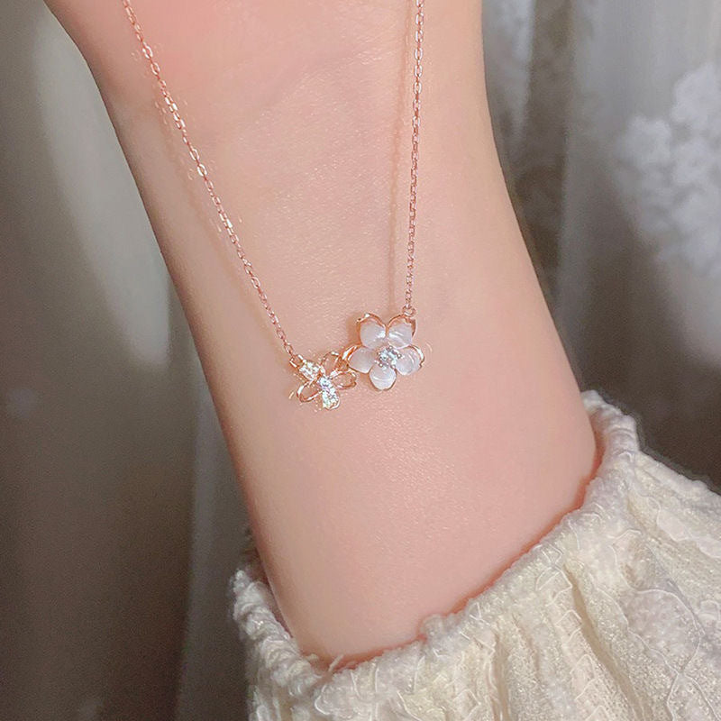 Cherry Blossom Necklace Female Niche Super Fairy Peach Blossom Clavicle Chain 2024 New High-value Necklace Accessories Girls Jewelry