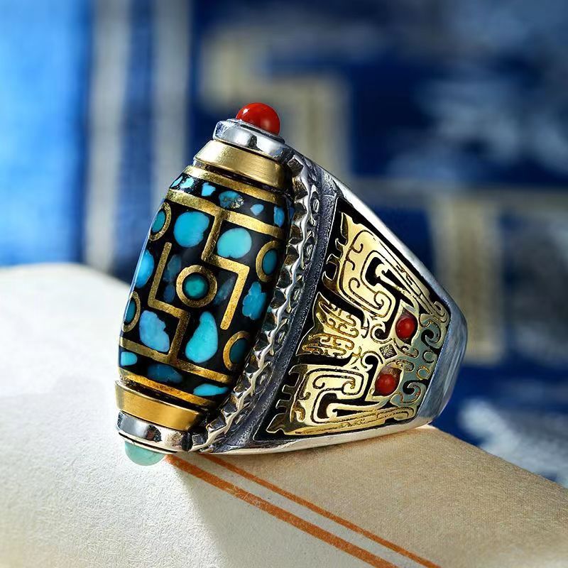 Six-character mantra dzi dzi turn ring men's national tide dapeng bird personality couple ring ring