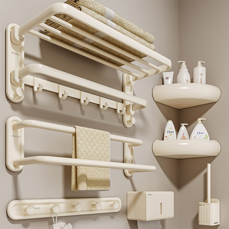 Creamy round bath towel holder, non-perforated bathroom set, wall-mounted towel rack, toilet bathroom storage rack