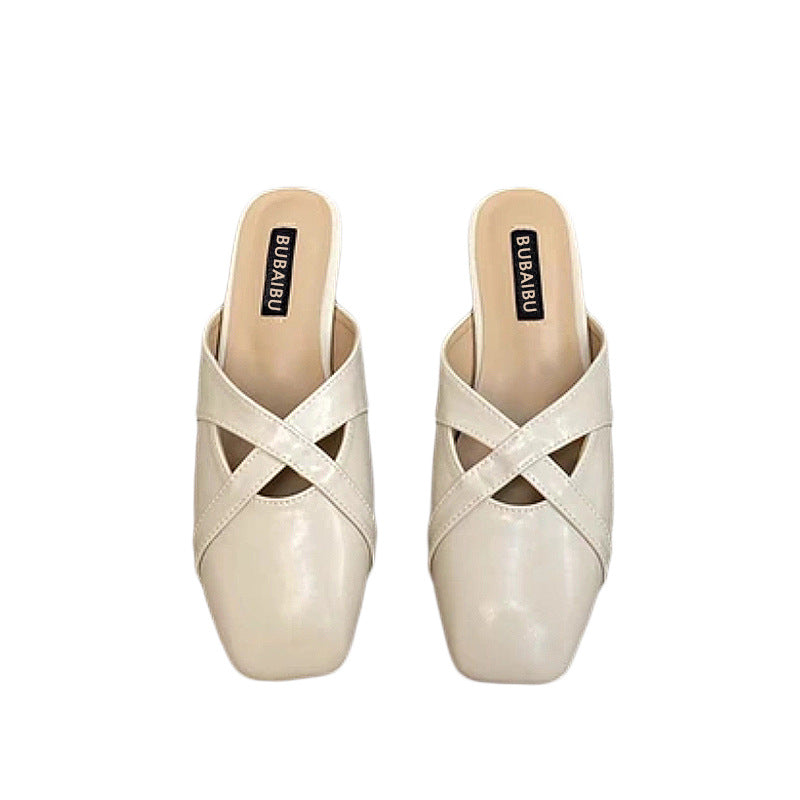 Square toe french style baotou semi-slippers women's 2025 summer pvc casual flat slippers to wear women's sandals women's shoes