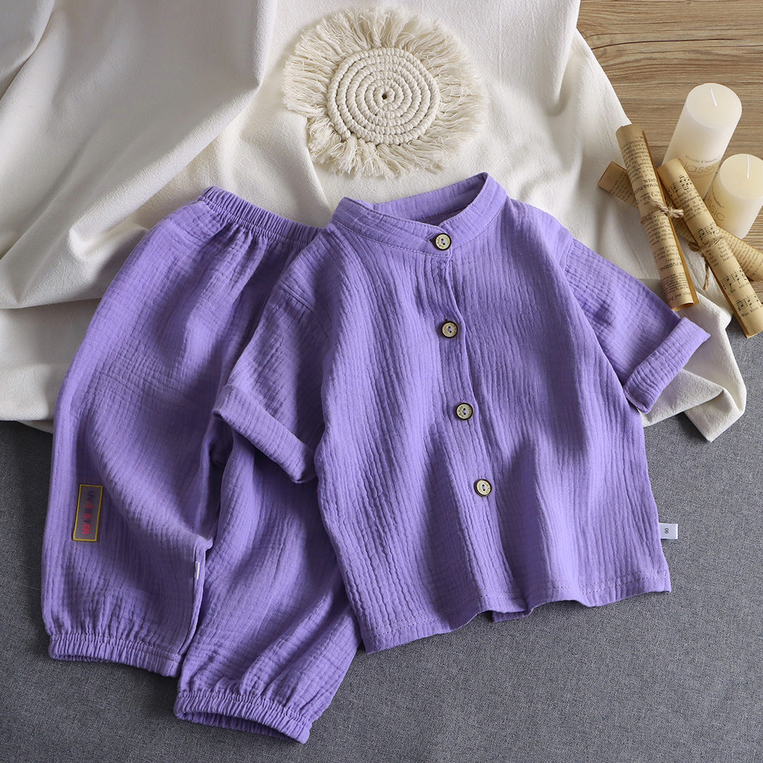 Children's stand-up collar cotton yarn set summer thin boys and girls cotton loungewear baby gauze air-conditioned clothing children's clothing