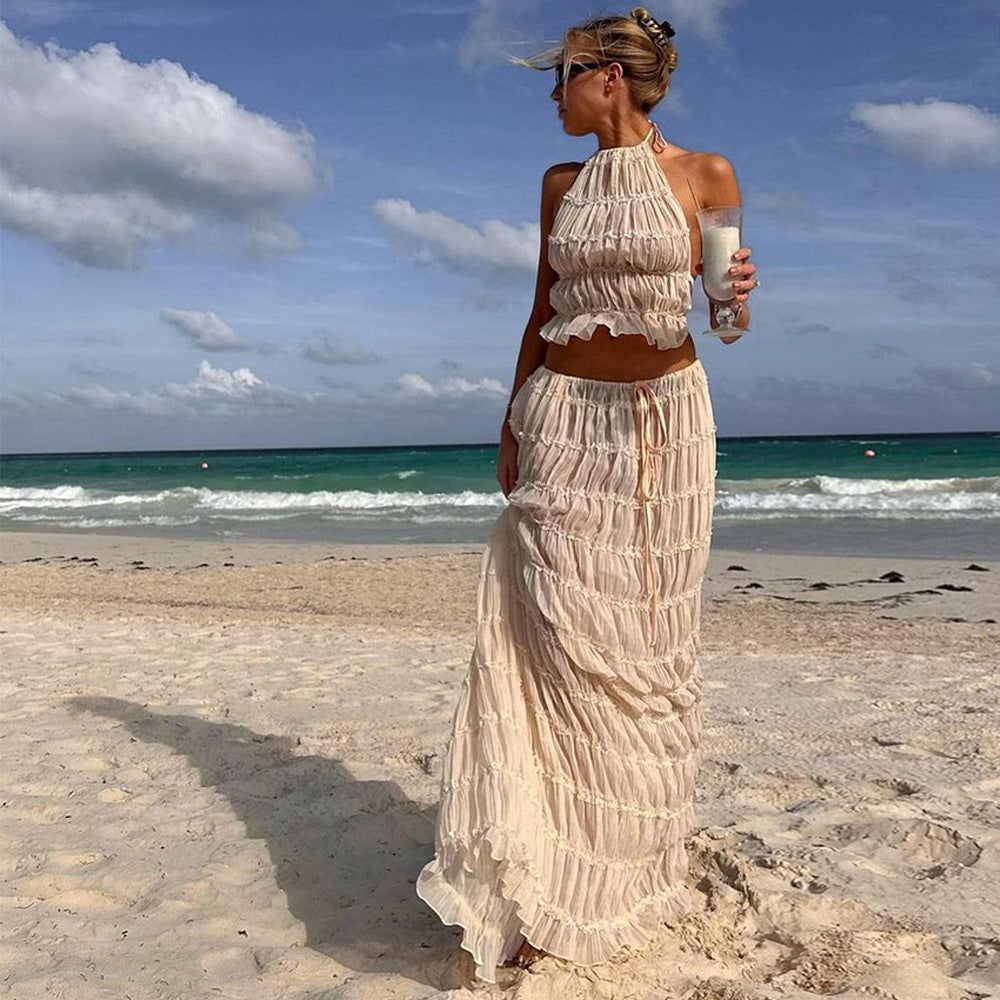 Cross border 2024 summer foreign trade sexy backless halterneck tie pleated lace vest resort style maxi skirt set