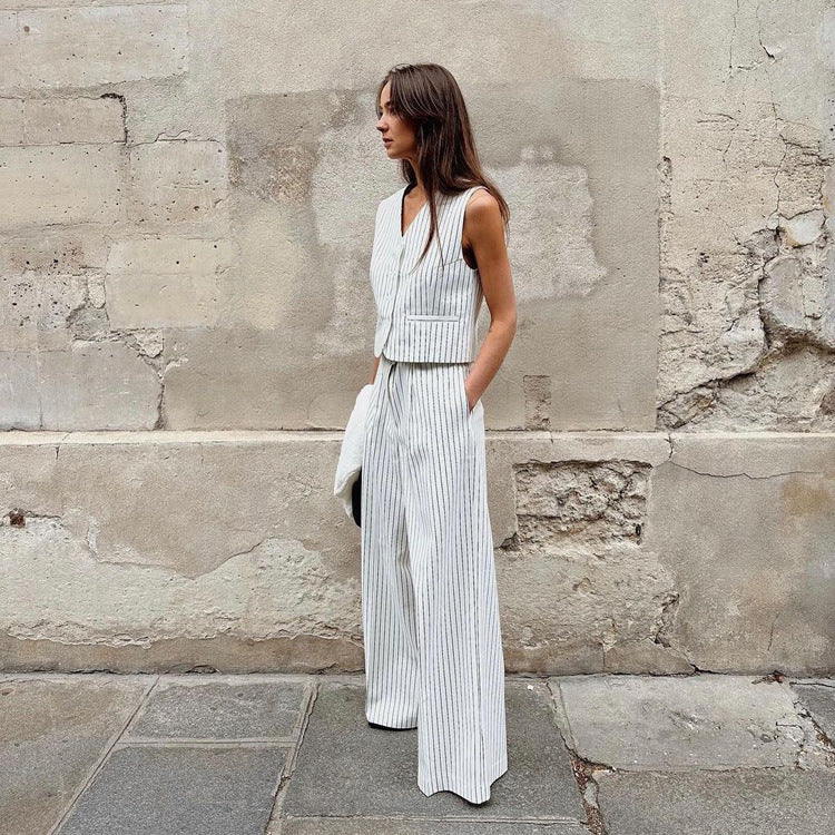 Amazon Hot Sale 2024 New Striped Vest Trouser Set Summer Women's Casual Wear Temperament Commuting Two-Piece Set