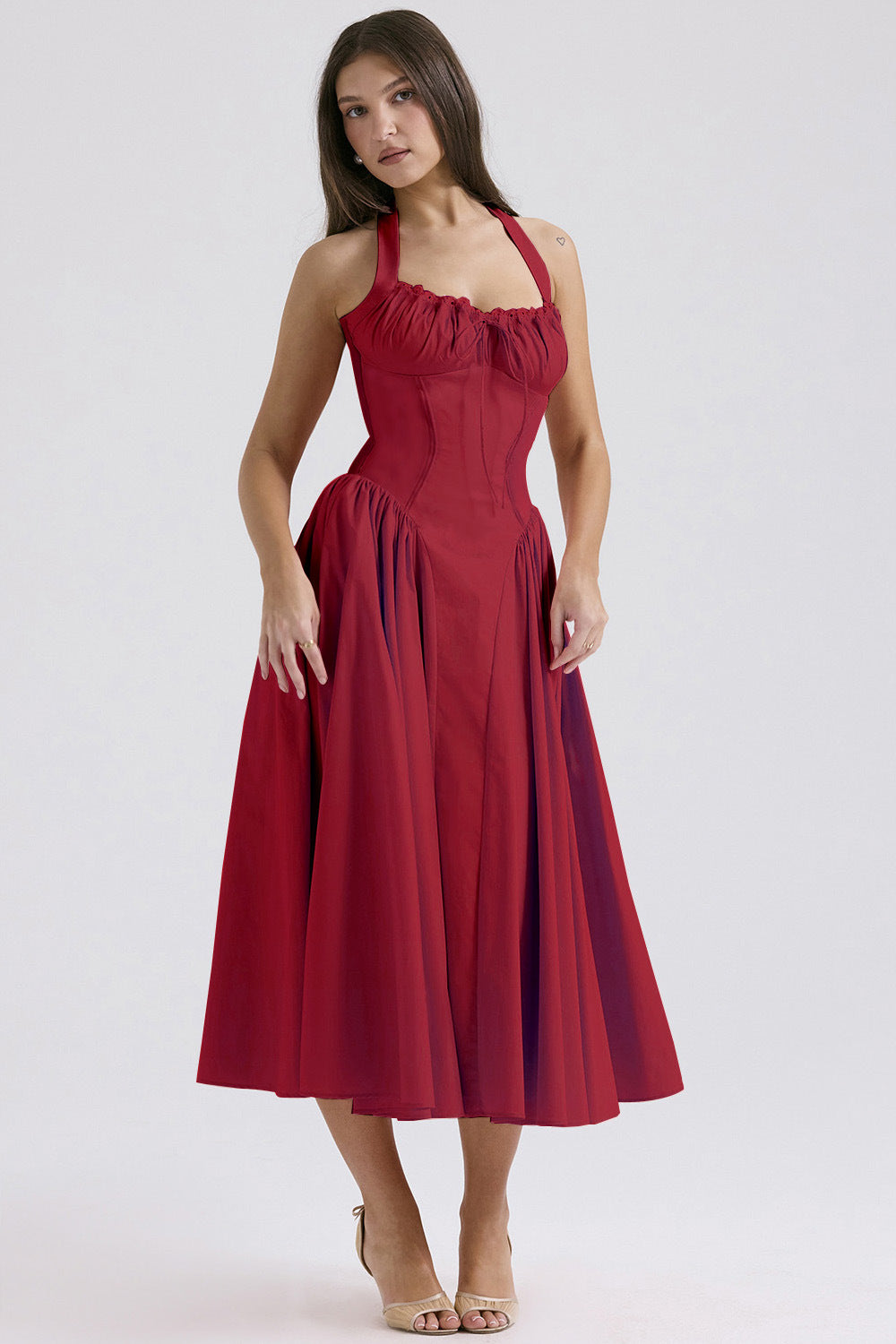 2025 New Summer Slim Slip Long Skirt European and American style fashion print halterneck lace dress