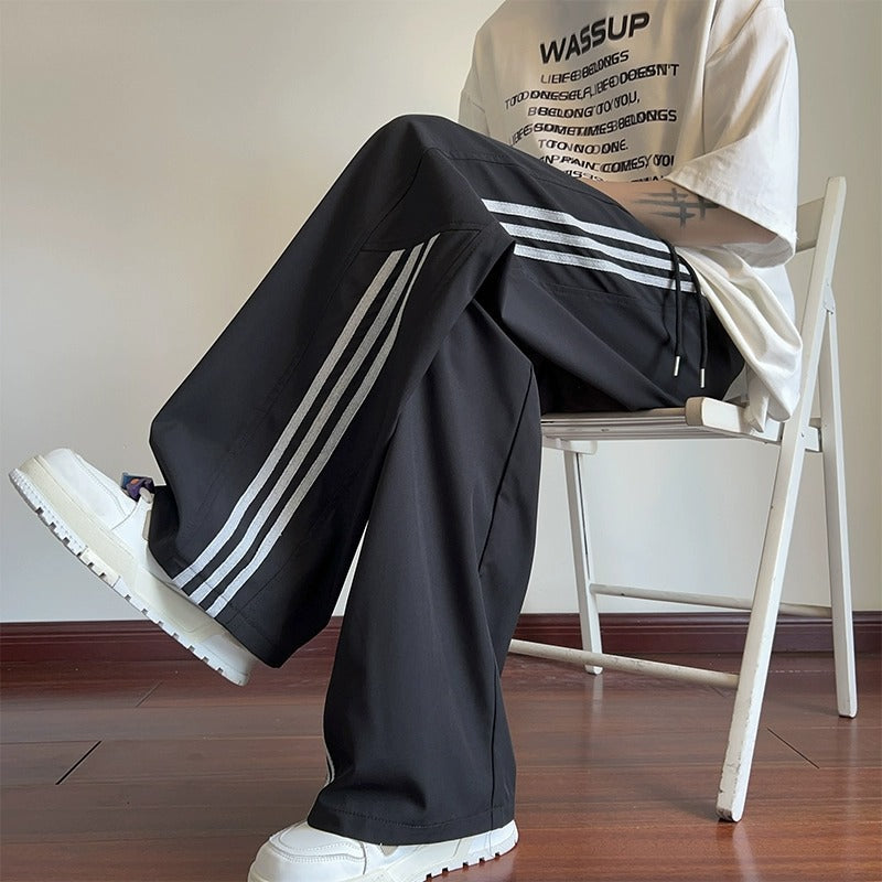 Woodpecker striped ice silk pants men's summer thin loose straight wide-leg pants youth new casual trousers