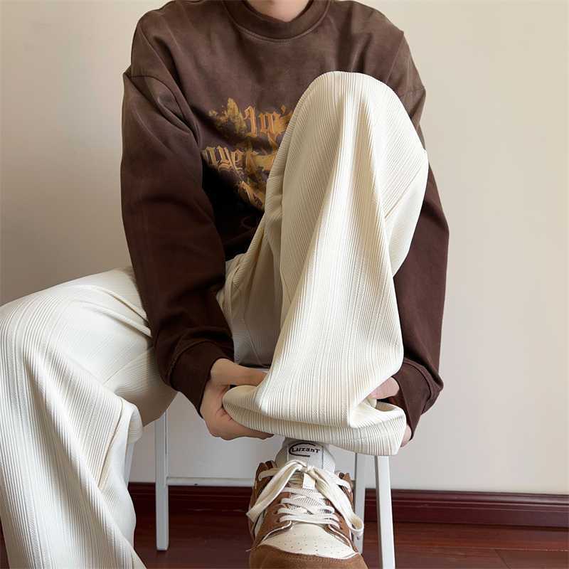 High-quality ice silk pants, men's trend, summer thin, versatile, drape, straight, wide-leg, casual trousers, off-white pants