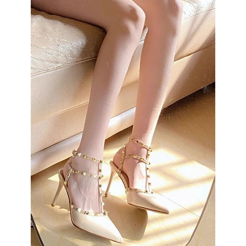 Hong Kong Rivet High Heels Women's Summer 2025 New Pointed Toe Stiletto White Willow Ding Non-Tired Foot Sandals Single Shoes