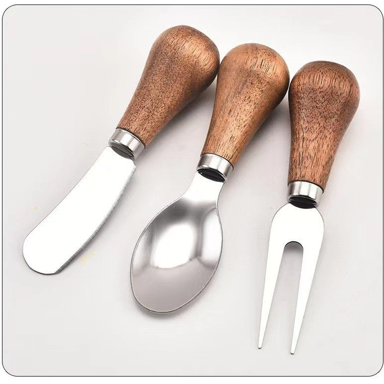 Vertical butter knife, wooden handle, cheese knife, stainless steel, cutlery, cheese spread, fork and spoon three-piece set with logo
