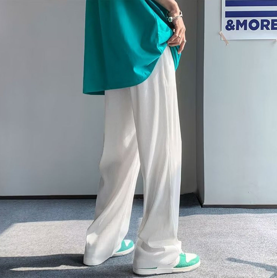 Casual pants men's summer ice silk stripe ultra-thin breathable sports stretch loose straight drape feeling wide-leg trousers