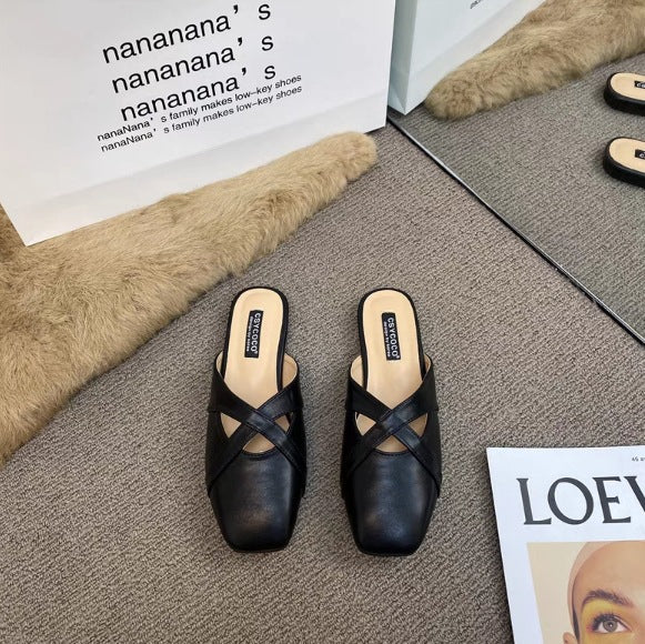 Square toe french style baotou semi-slippers women's 2025 summer pvc casual flat slippers to wear women's sandals women's shoes