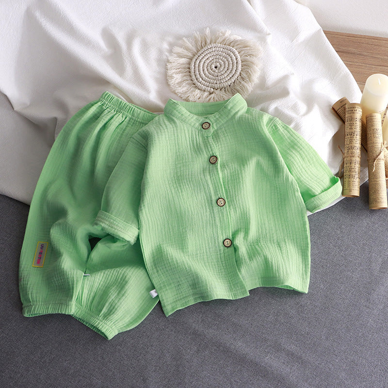 Children's stand-up collar cotton yarn set summer thin boys and girls cotton loungewear baby gauze air-conditioned clothing children's clothing