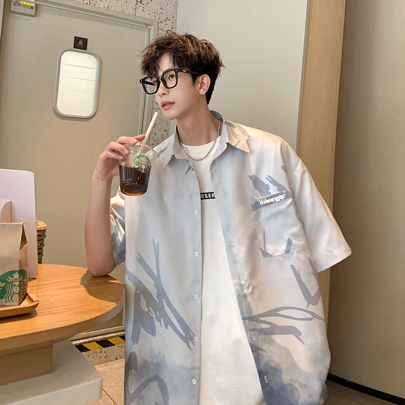 Ice silk cool shirt men's summer fashion brand design sense high-end gradient ink painting versatile couple loose shirt