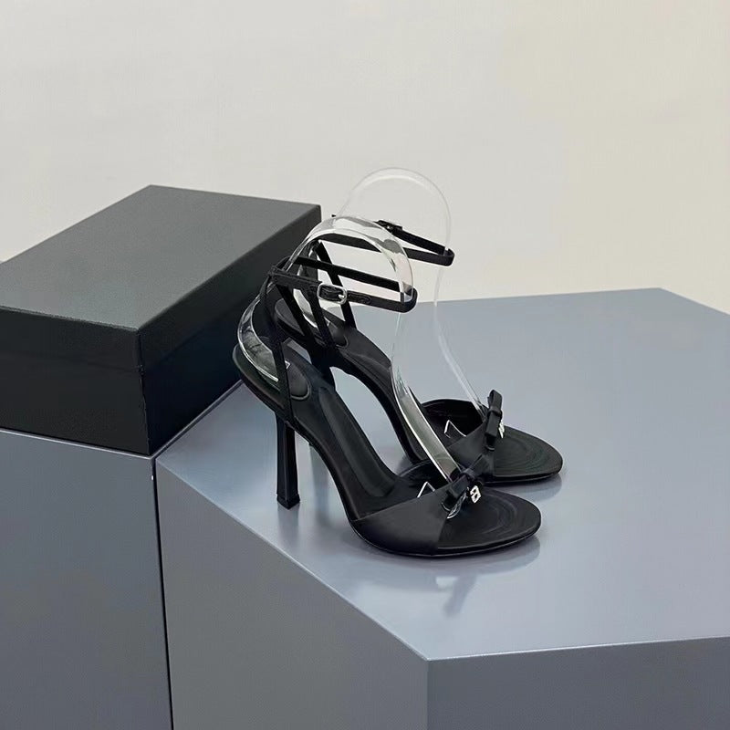 French satin high heels sandals women's summer 2023 new niche high-end sense of one line with thin heel open-toe sandals women