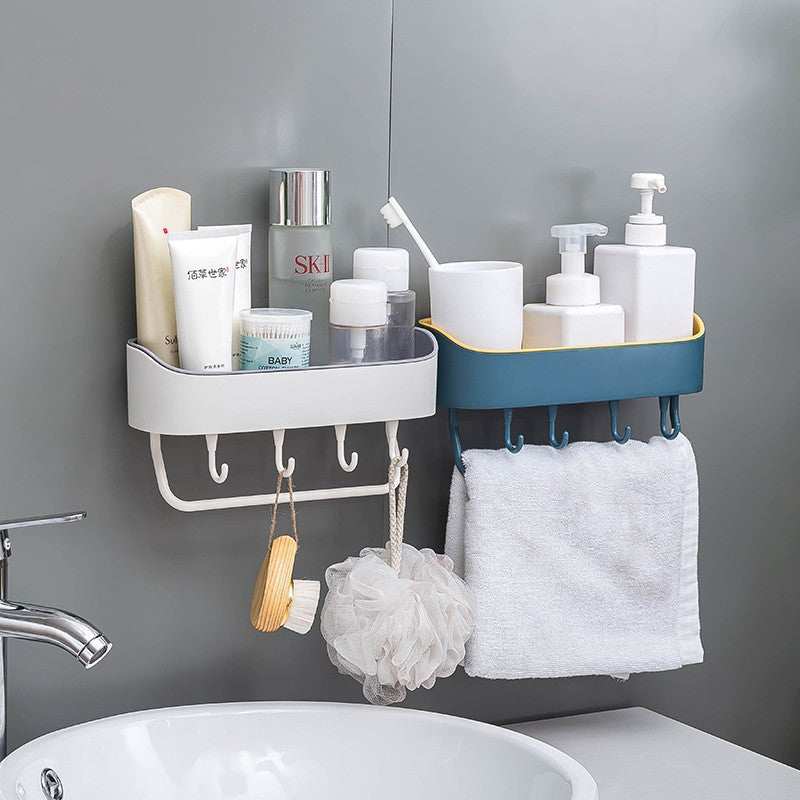 New two-color household 4-hook bathroom storage rack Bathroom multi-functional wall-suction wall-free wall-mounted shelf
