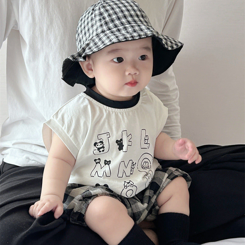 Summer T-shirt two-piece set men's treasure handsome men's and women's children's clothing alphabet plaid shorts set cotton kids short sleeves