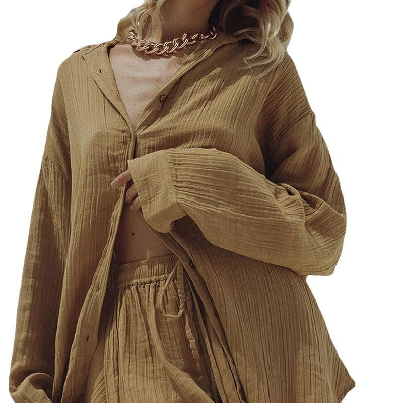 European and American women's casual two-piece set for summer 2023 new long-sleeved shirt, top and shorts tracksuit set