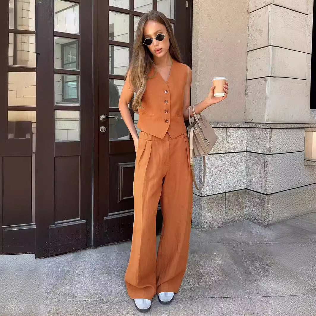 Cross-border vest casual pants two-piece set European and American spring and summer 2025 new women's fashion sleeveless vest low-waisted pants set