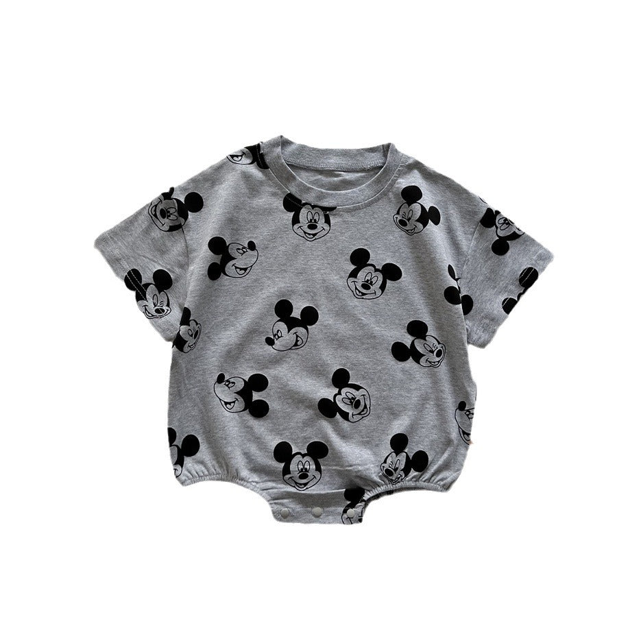 0-2 years old authentic cartoon triangle bag fart jacket male treasure tide cotton full print gray summer short-sleeved Ha shirt crawling suit