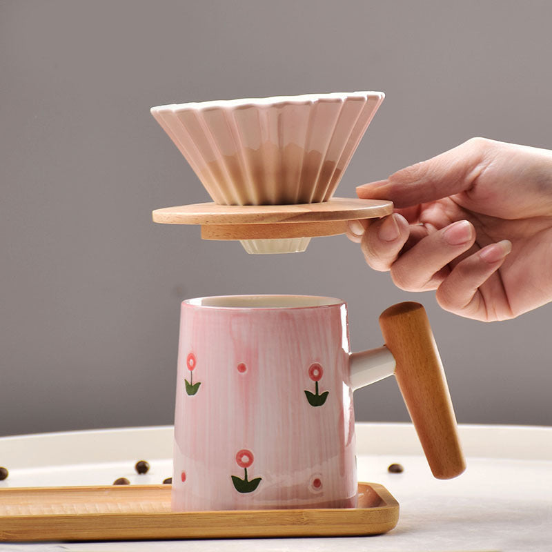 High-value hand-painted pink ceramic wooden handle hand pour-over grinder coffee set origami small V60 coffee filter cup