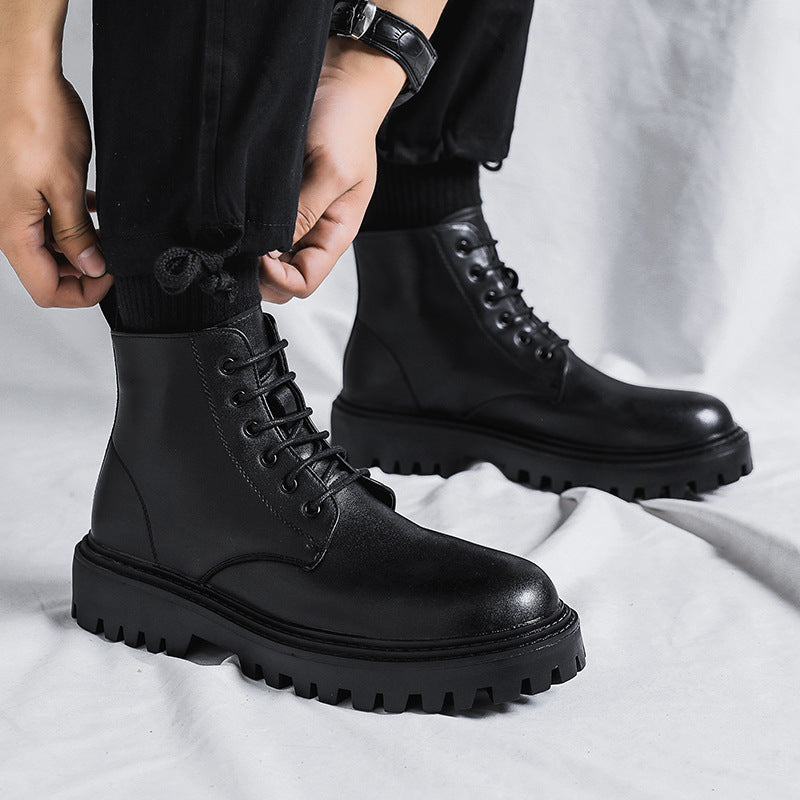 Internet celebrity popular Martin boots men's high-top trendy spring and autumn British style retro mid-top leather shoes increased black leather boots