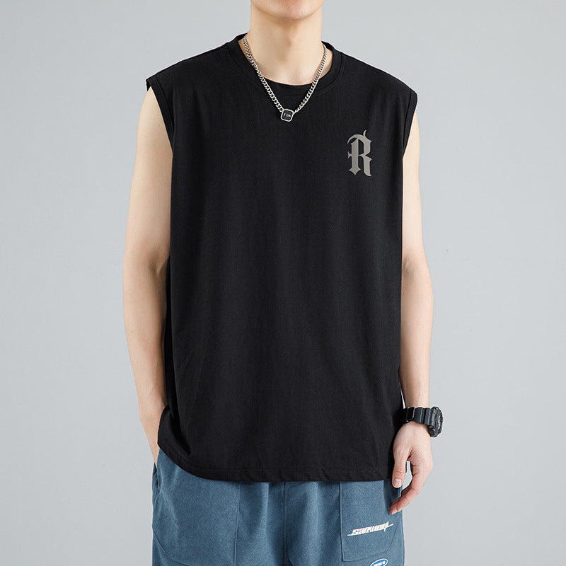 Sleeveless T-shirt men's summer thin ice fashion brand athleisure shoulder vest fashion versatile loose top
